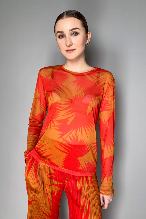 Pleats Please Issey Miyake Piquant Tulle Top in Red and Orange Pattern