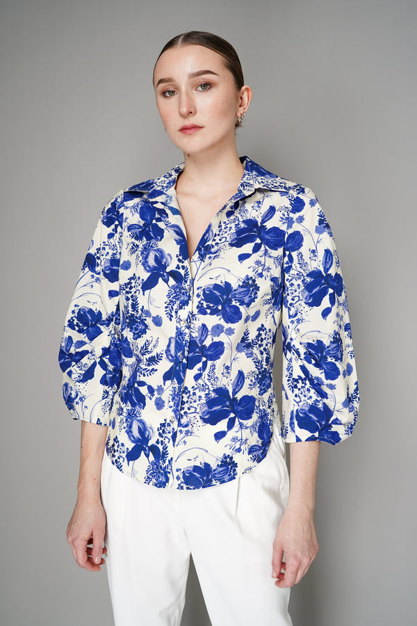 Cara Cara Cotton Poplin Orchid Floral Print Button Up Blouse in Blue