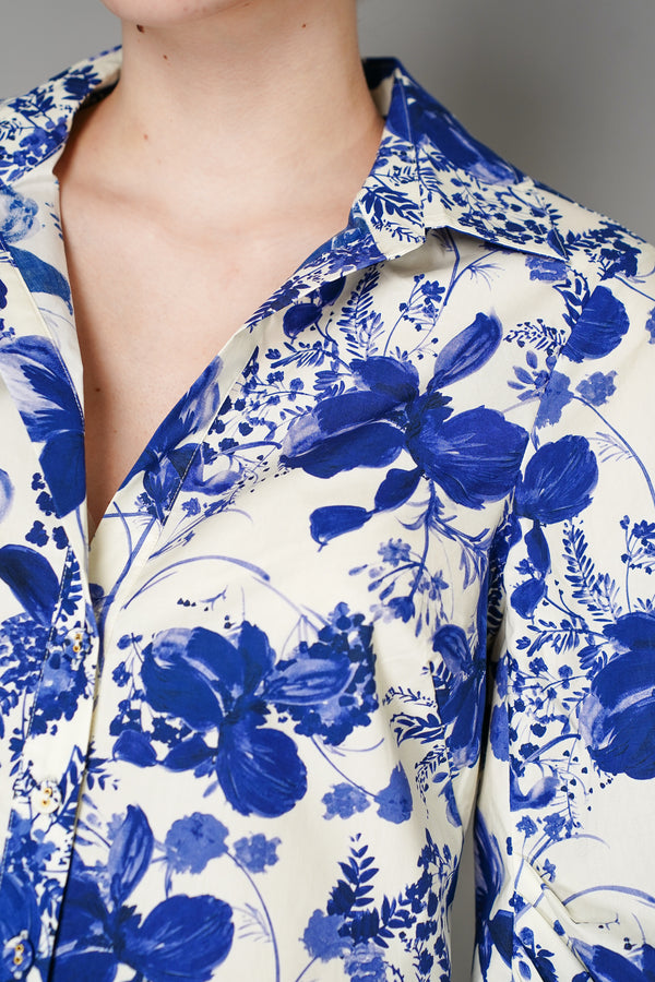 Cara Cara Cotton Poplin Orchid Floral Print Button Up Blouse in Blue