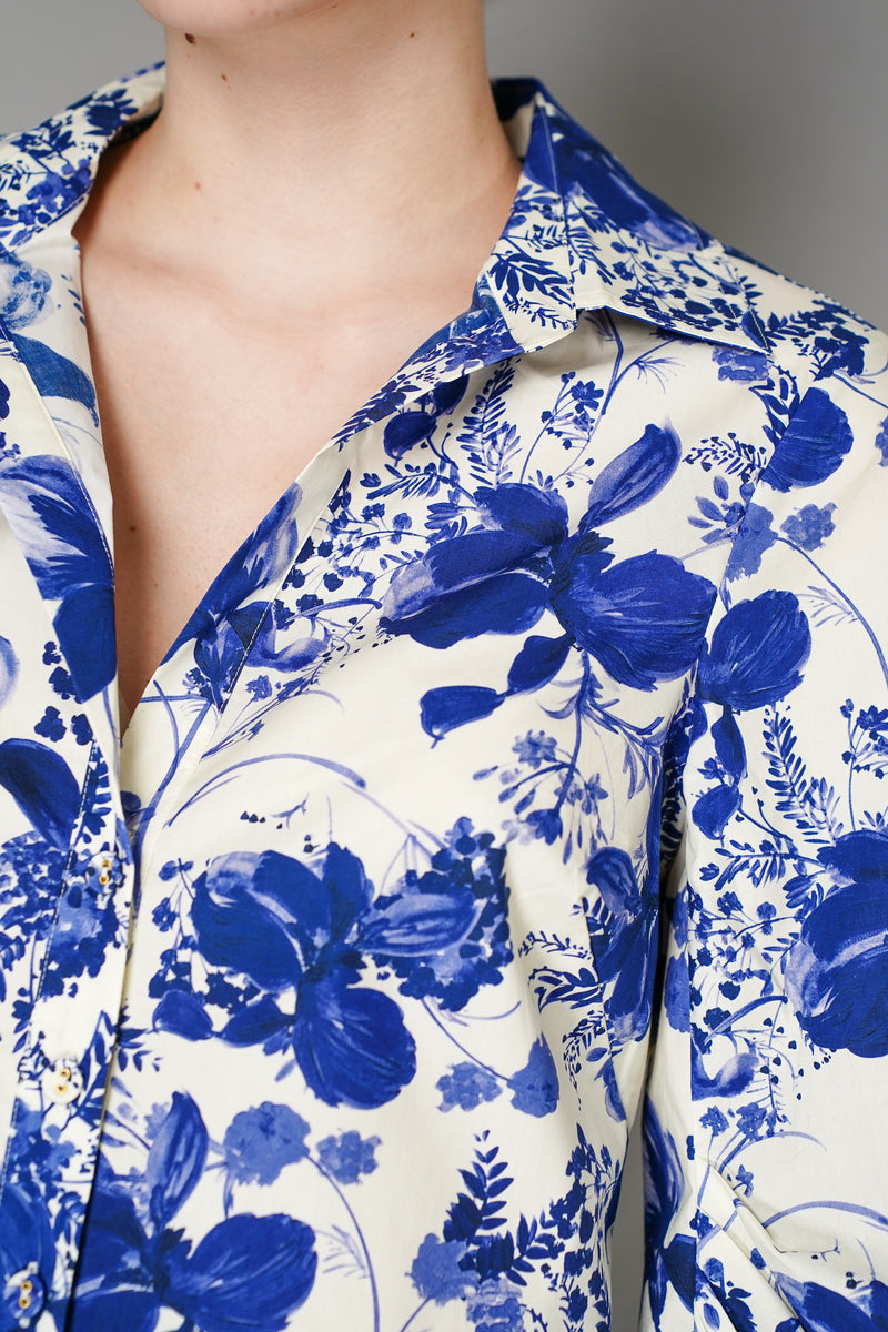 Cara Cara Cotton Poplin Orchid Floral Print Button Up Blouse in Blue Vancouver. Shop Online or in Store.