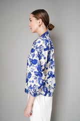 Cara Cara Cotton Poplin Orchid Floral Print Button Up Blouse in Blue