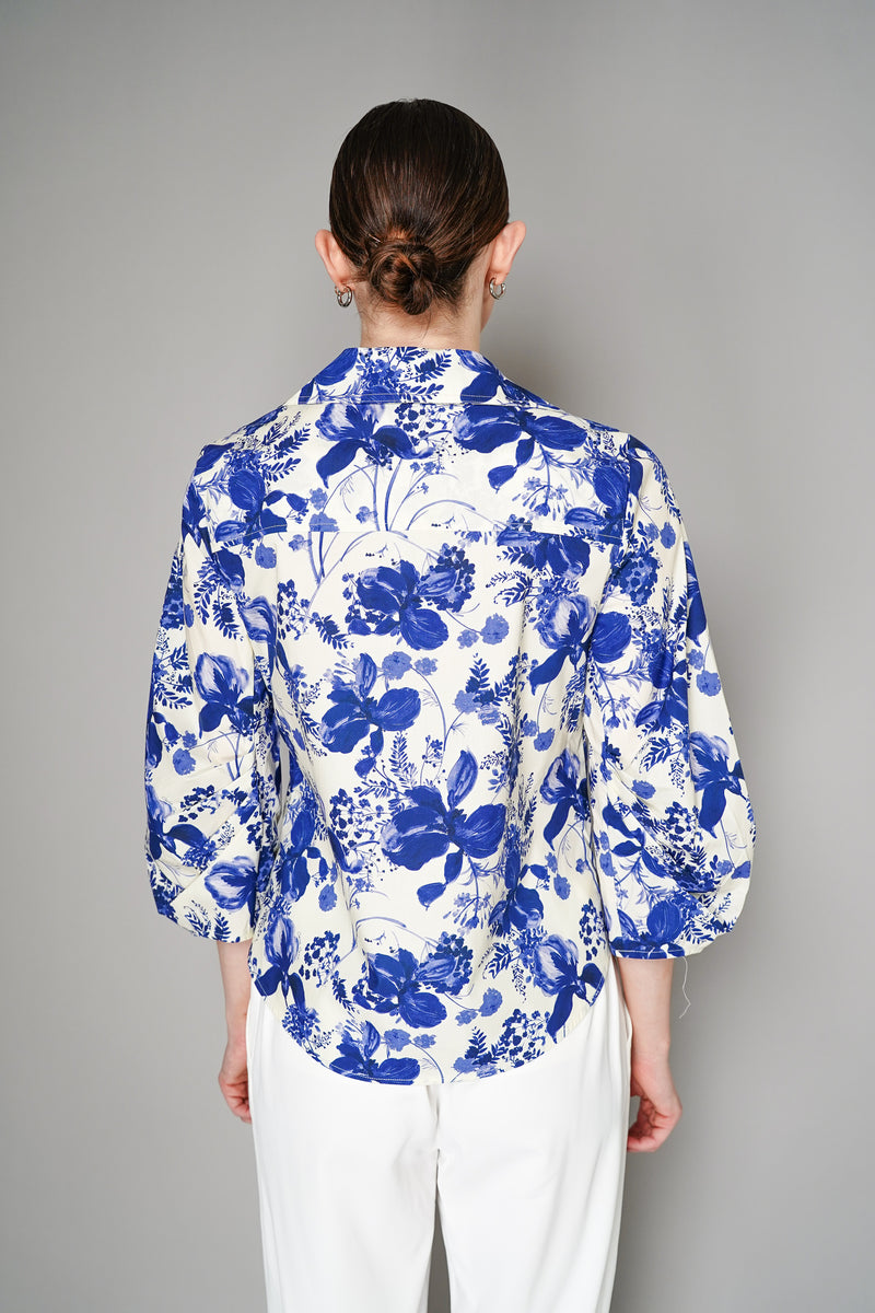 Cara Cara Cotton Poplin Orchid Floral Print Button Up Blouse in Blue