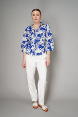 Cara Cara Cotton Poplin Orchid Floral Print Button Up Blouse in Blue