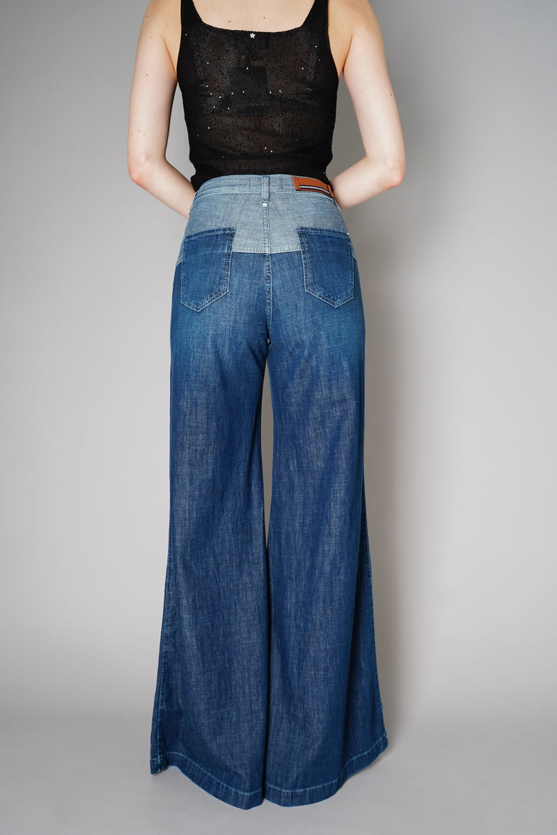 Lorena Antoniazzi Wide Leg  Denim Pants with Color Blocking Patch in Blue