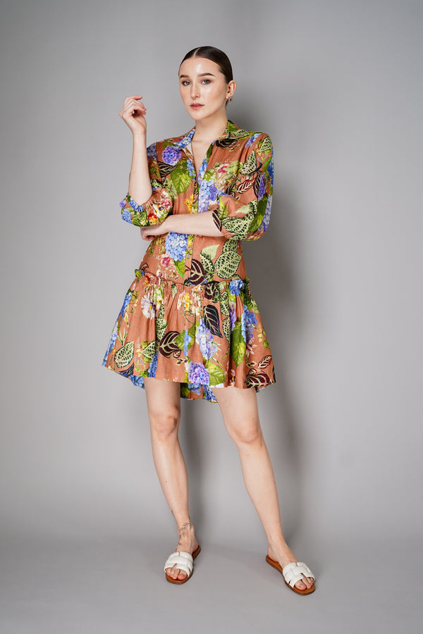 Cara Cara Cotton Linen Shirt Dress with High-Low Ruffle Tier Skirt in Floral Camel Print Vancouver. Shop Online or in Store.