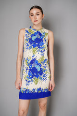 Cara Cara Silk Blend Floral Print Sleeveless Dress in White and Blue