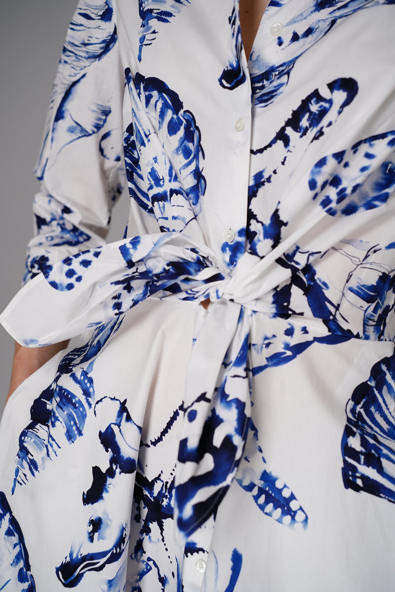 Sara Roka Cotton Midi Shirtdress with Tie Front  in White and Blue Seahorse Print