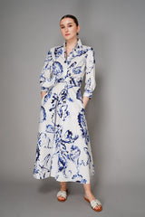 Sara Roka Cotton Midi Shirtdress with Tie Front  in White and Blue Seahorse Print