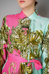 Sara Roka Silk Shirt Dress with Flamingo Print in Turquoise and Pink