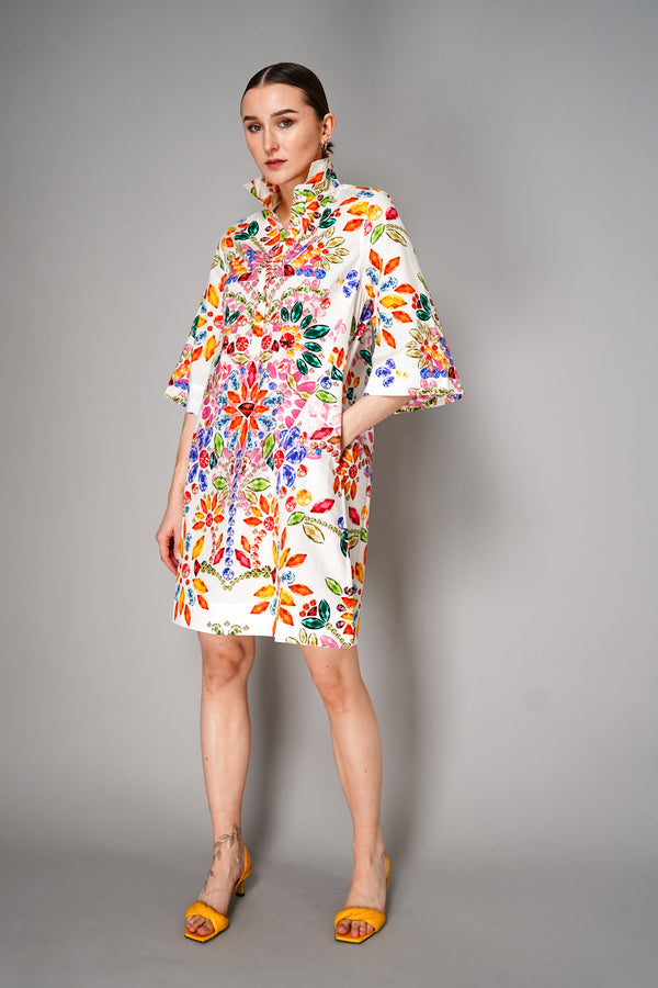 Sara Roka Cotton Poplin Above the Knee Tunic Shirt Dress in Colourful Jewel Print