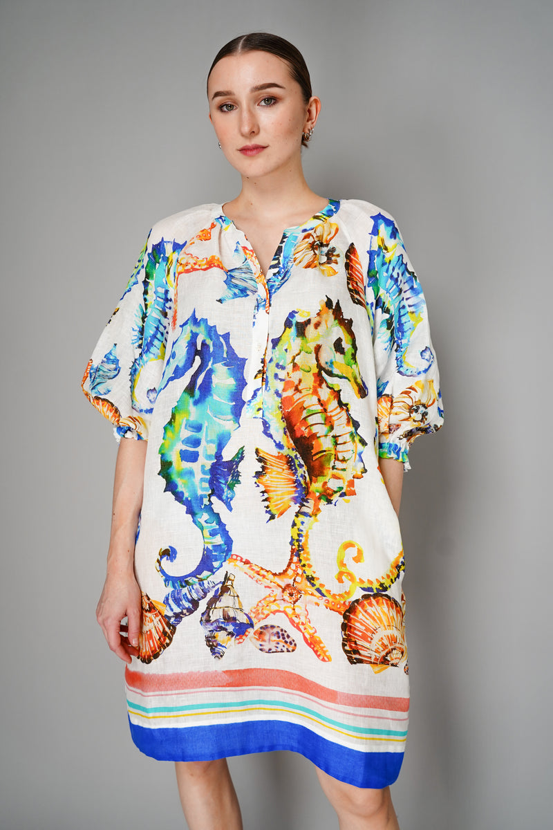 Sara Roka Linen Seahorse Print Dress in Multicolour Vancouver. Shop Online or in Store.