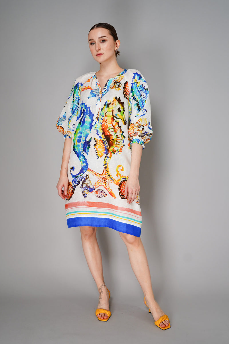 Sara Roka Linen Seahorse Print Dress in Multicolour Vancouver. Shop Online or in Store.