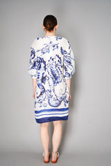 Sara Roka Linen Seahorse Print Dress in White and Blue
