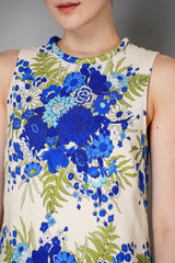 Cara Cara Silk Blend Floral Print Sleeveless Dress in White and Blue