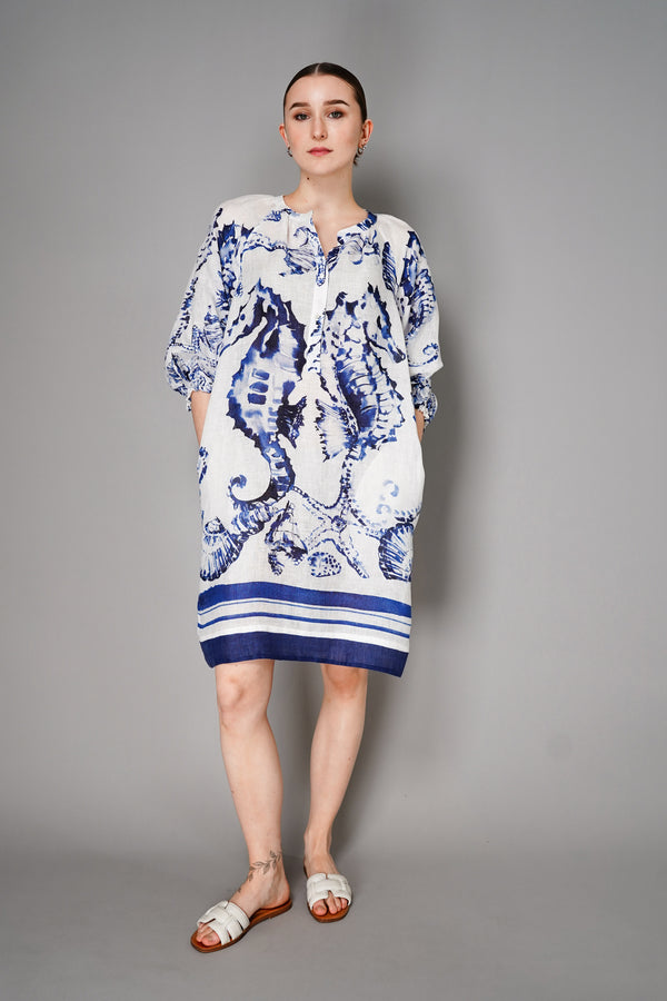Sara Roka Linen Seahorse Print Dress in White and Blue