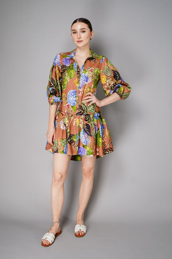 Cara Cara Cotton Linen Shirt Dress with High-Low Ruffle Tier Skirt in Floral Camel Print Vancouver. Shop Online or in Store.