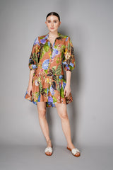 Cara Cara Cotton Linen Shirt Dress with High-Low Ruffle Tier Skirt in Floral Camel Print Vancouver. Shop Online or in Store.