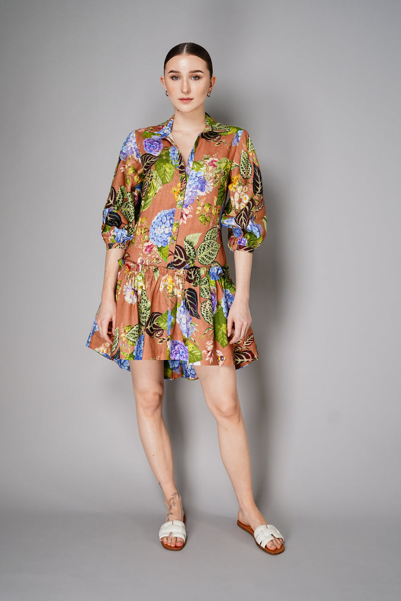 Cara Cara Cotton Linen Shirt Dress with High-Low Ruffle Tier Skirt in Floral Camel Print