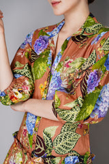 Cara Cara Cotton Linen Shirt Dress with High-Low Ruffle Tier Skirt in Floral Camel Print Vancouver. Shop Online or in Store.