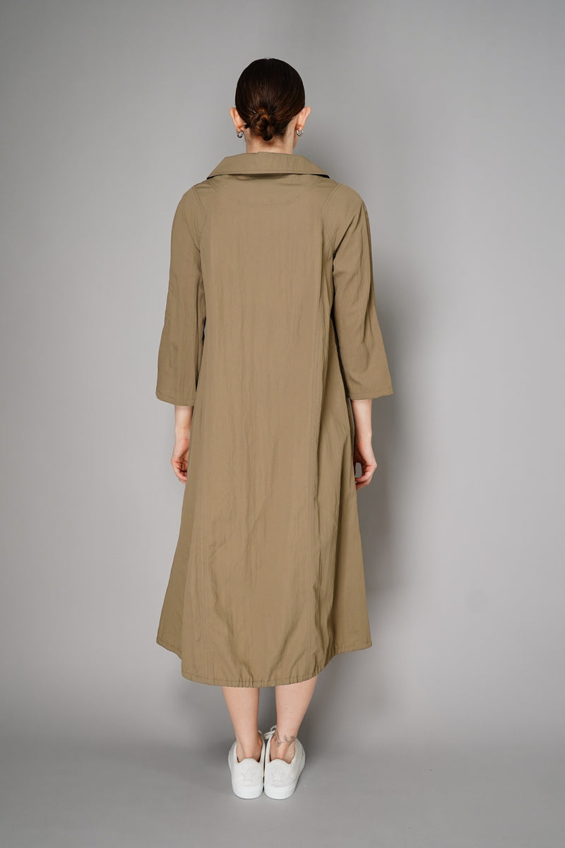 Annette Gortz Cotton Blend Long Open Collar Coat Dress in Khaki