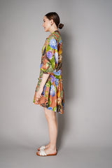 Cara Cara Cotton Linen Shirt Dress with High-Low Ruffle Tier Skirt in Floral Camel Print Vancouver. Shop Online or in Store.