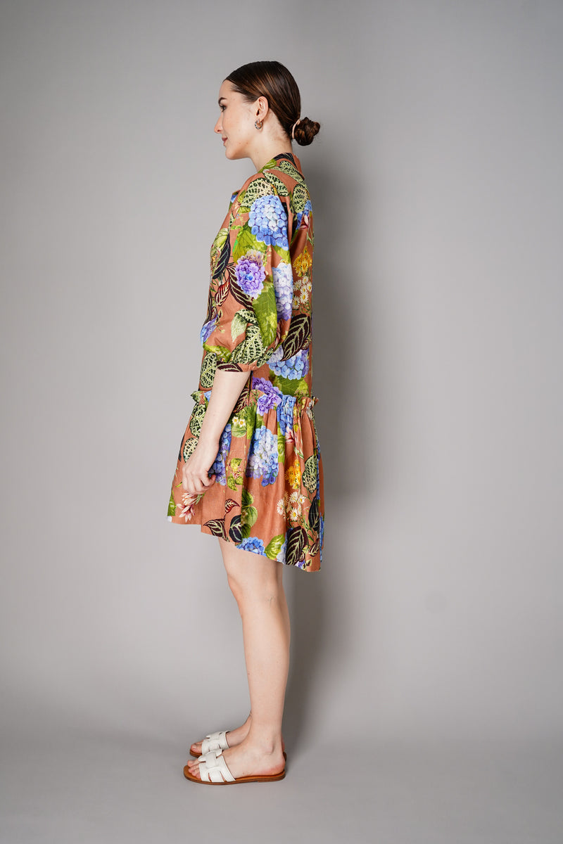 Cara Cara Cotton Linen Shirt Dress with High-Low Ruffle Tier Skirt in Floral Camel Print