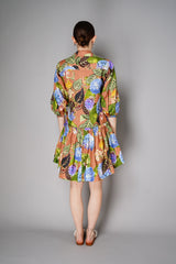 Cara Cara Cotton Linen Shirt Dress with High-Low Ruffle Tier Skirt in Floral Camel Print Vancouver. Shop Online or in Store.