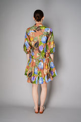Cara Cara Cotton Linen Shirt Dress with High-Low Ruffle Tier Skirt in Floral Camel Print