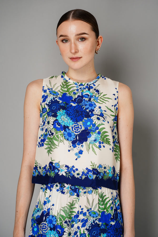 Cara Cara Silk Floral Print Sleeveless Top in White and Blue