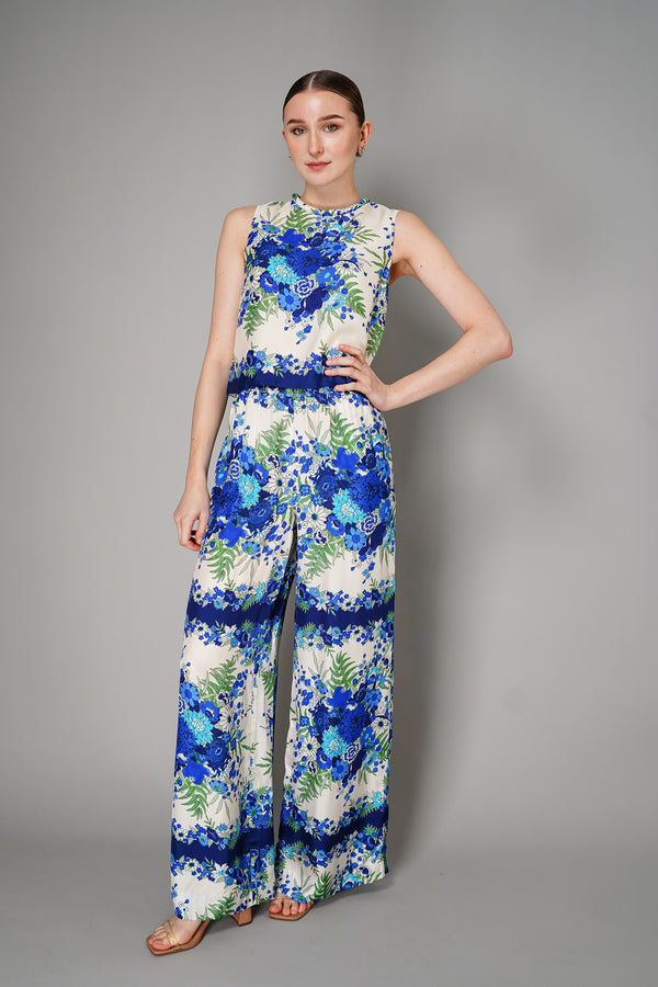 Cara Cara Silk Pull-On Style Floral Print Pants in White and Blue
