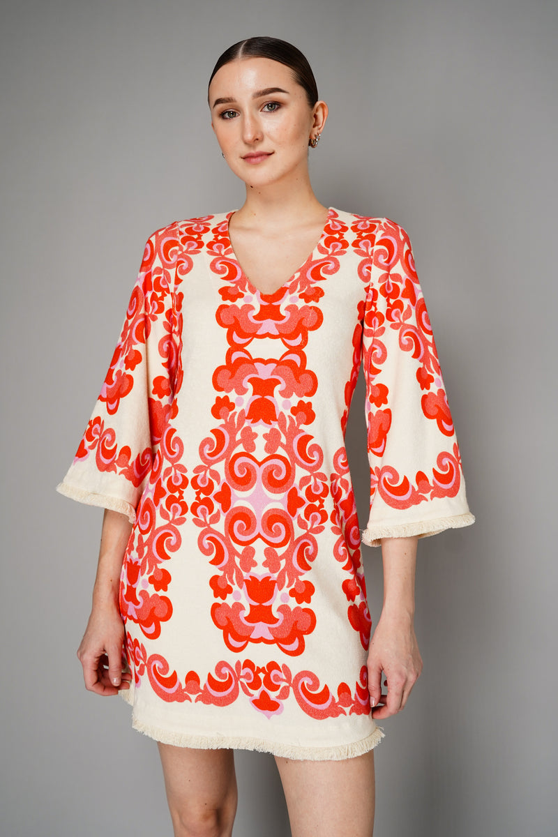 Cara Cara Flared Sleeves Ornamental Print Terry Cloth Cover-Up Dress in White and Orange