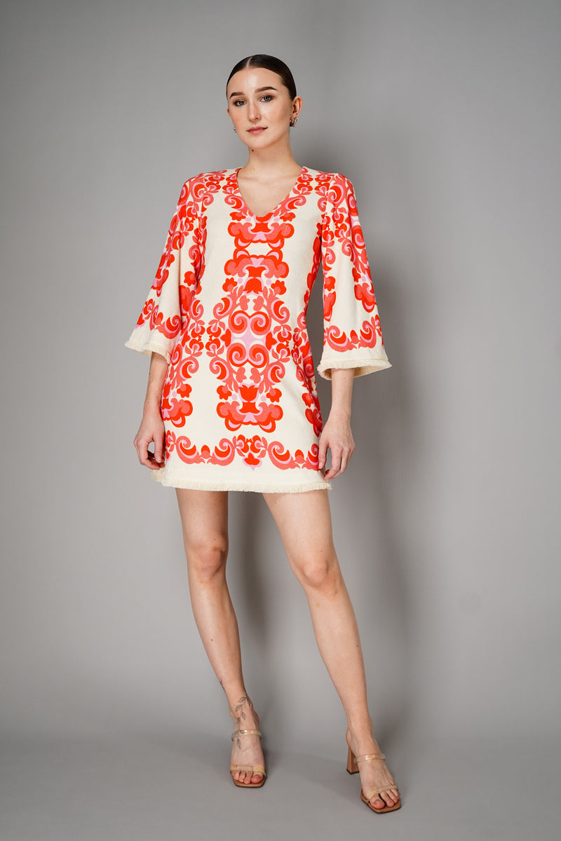 Cara Cara Flared Sleeves Ornamental Print Terry Cloth Cover-Up Dress in White and Orange