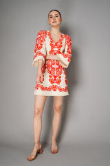 Cara Cara Flared Sleeves Ornamental Print Terry Cloth Cover-Up Dress in White and Orange