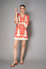 Cara Cara Flared Sleeves Ornamental Print Terry Cloth Cover-Up Dress in White and Orange Vancouver. Shop Online or in Store.