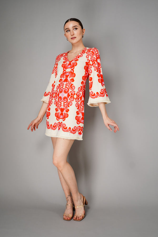 Cara Cara Flared Sleeves Ornamental Print Terry Cloth Cover-Up Dress in White and Orange