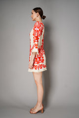 Cara Cara Flared Sleeves Ornamental Print Terry Cloth Cover-Up Dress in White and Orange