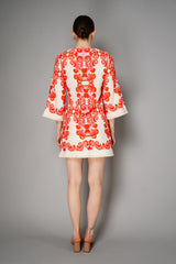 Cara Cara Flared Sleeves Ornamental Print Terry Cloth Cover-Up Dress in White and Orange