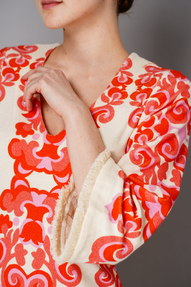 Cara Cara Flared Sleeves Ornamental Print Terry Cloth Cover-Up Dress in White and Orange Vancouver. Shop Online or in Store.