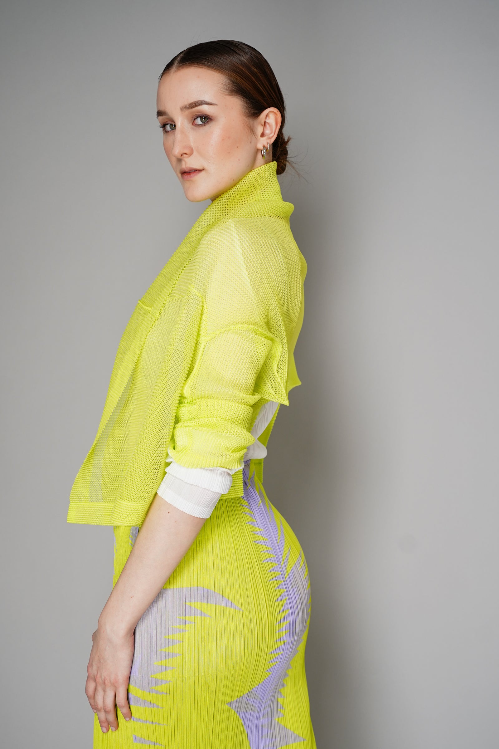Pleats Please Issey Miyake Tatami April Cardigan in Neon Green 