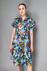 Samantha Sung Puff Sleeve Midi Dress with Birds and Flowers Print in Soft Blue Vancouver. Shop Online or in Store.