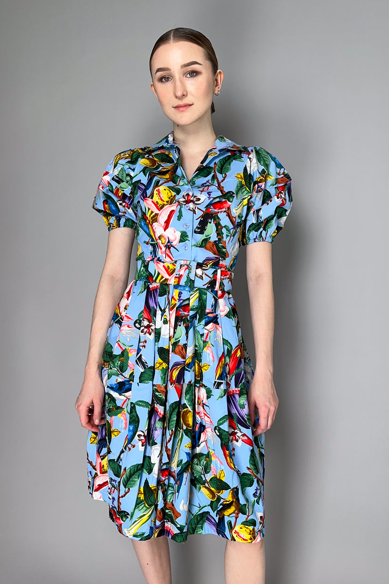 Samantha Sung Puff Sleeve Midi Dress with Birds and Flowers Print in Soft Blue Vancouver. Shop Online or in Store.