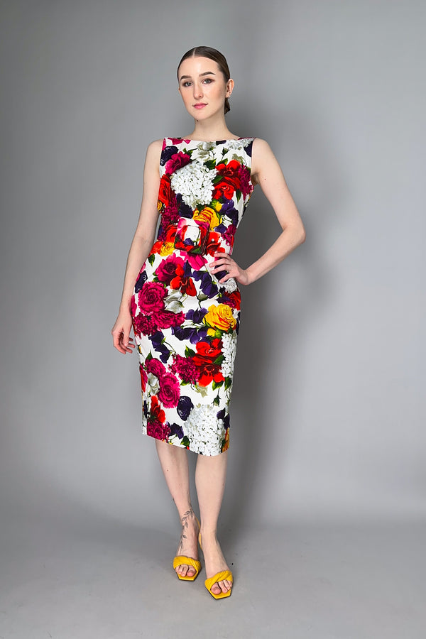 Samantha Sung Sleeveless High Boat Neck Zinnia Flower Dress in Multicolour Print