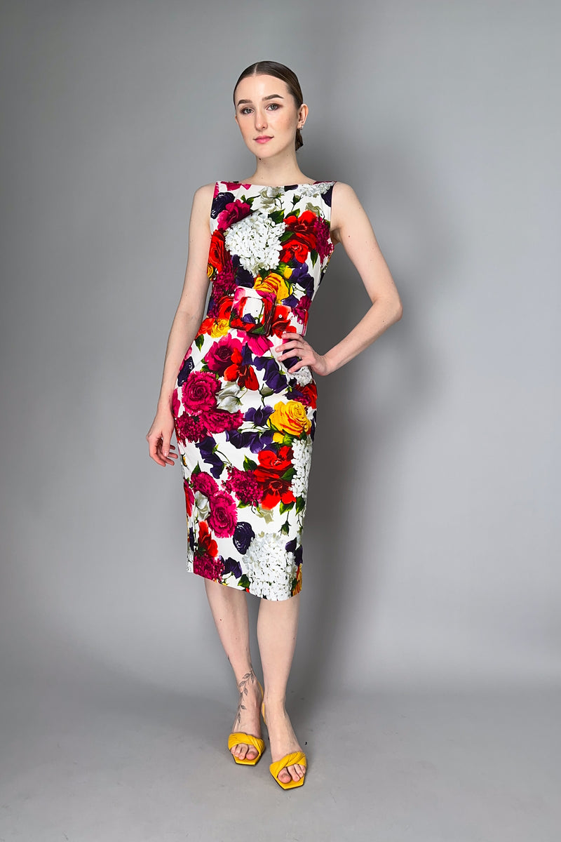 Samantha Sung Sleeveless High Boat Neck Zinnia Flower Dress in Multicolour Print Vancouver. Shop Online or in Store.