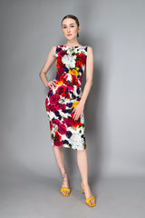 Samantha Sung Sleeveless High Boat Neck Zinnia Flower Dress in Multicolour Print Vancouver. Shop Online or in Store.