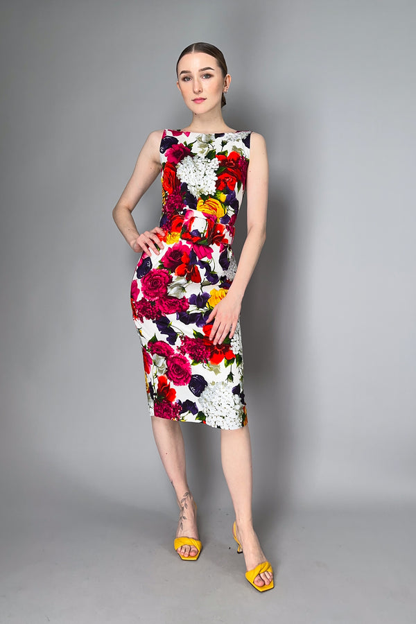 Samantha Sung Sleeveless High Boat Neck Zinnia Flower Dress in Multicolour Print