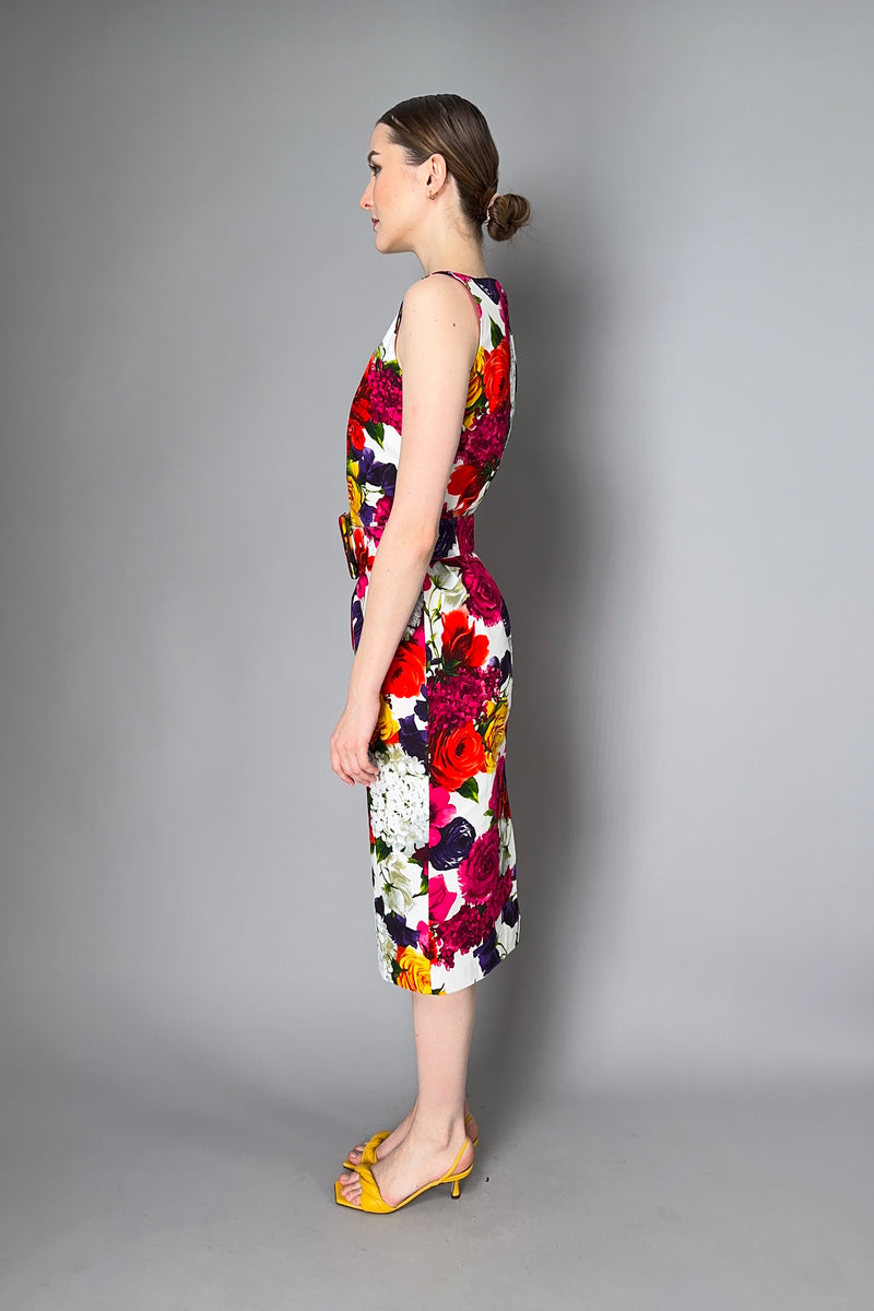 Samantha Sung Sleeveless High Boat Neck Zinnia Flower Dress in Multicolour Print Vancouver. Shop Online or in Store.