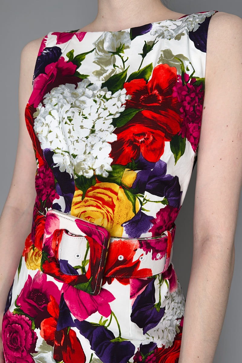 Samantha Sung Sleeveless High Boat Neck Zinnia Flower Dress in Multicolour Print