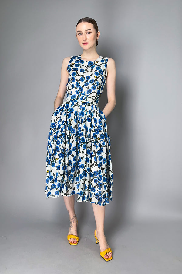 Samantha Sung Pleated Azelea Flower Dress with Tiered Skirt in White and Blue