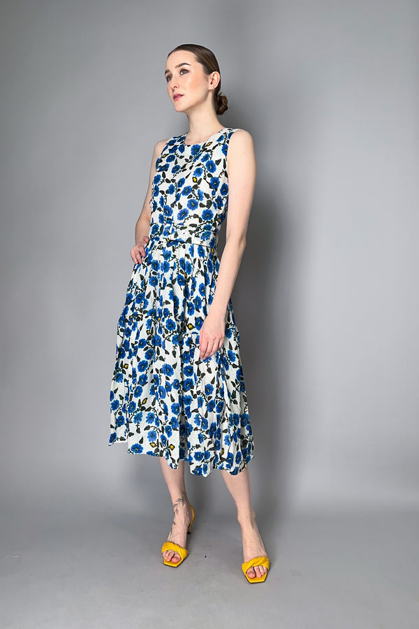 Samantha Sung Pleated Azelea Flower Dress with Tiered Skirt in White and Blue