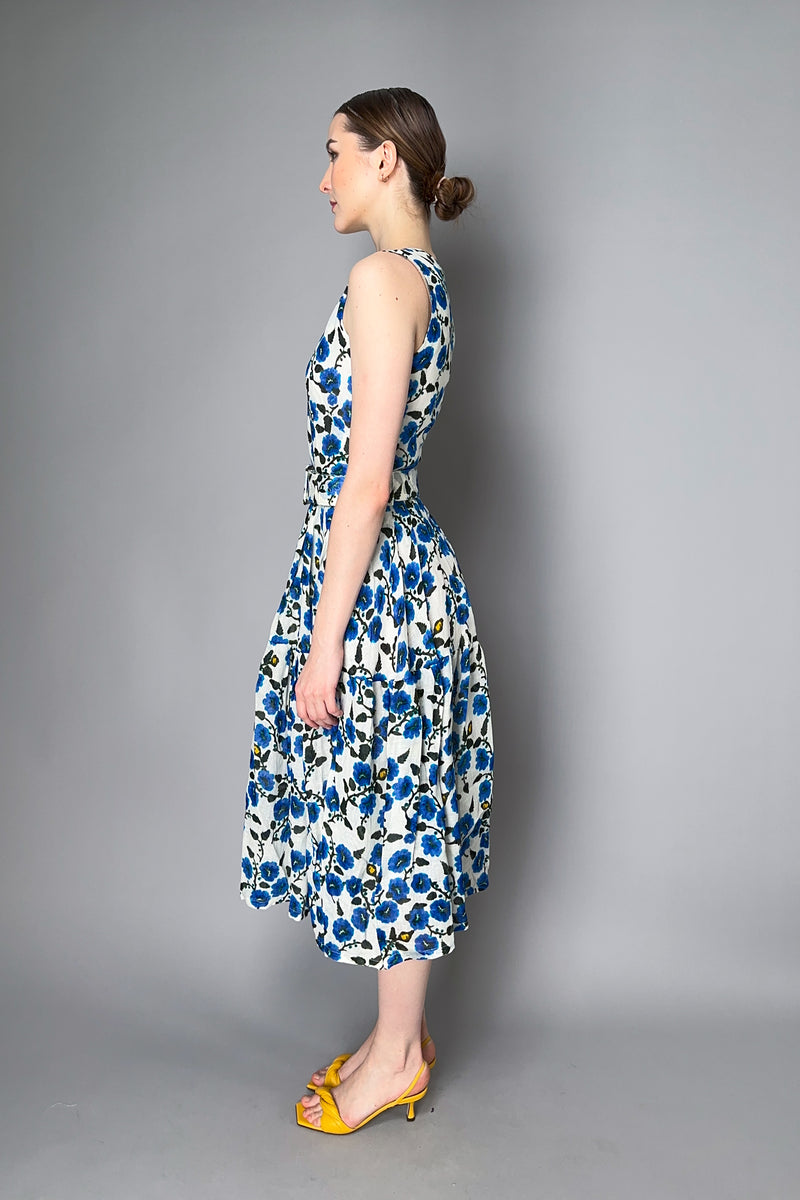 Samantha Sung Pleated Azelea Flower Dress with Tiered Skirt in White and Blue